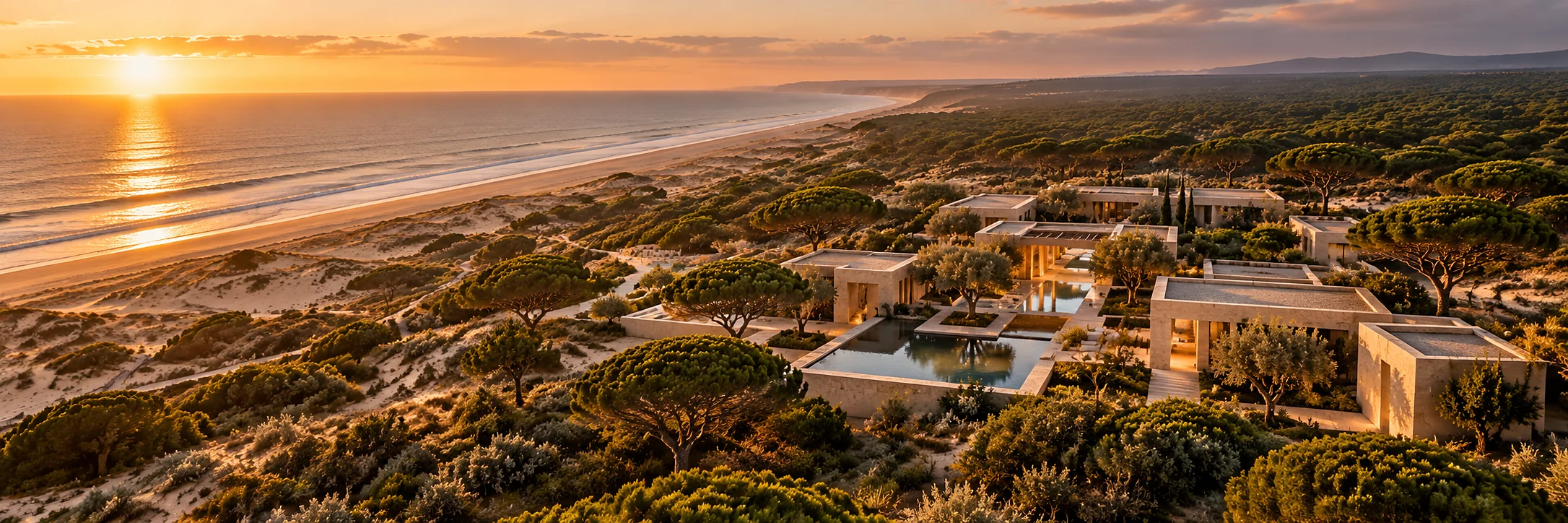 A high aerial view at golden hour: low flat-roofed pavilions arranged around courtyards and reflecting pools, set into dune and pine woodland, with a long beach and surf beyond.