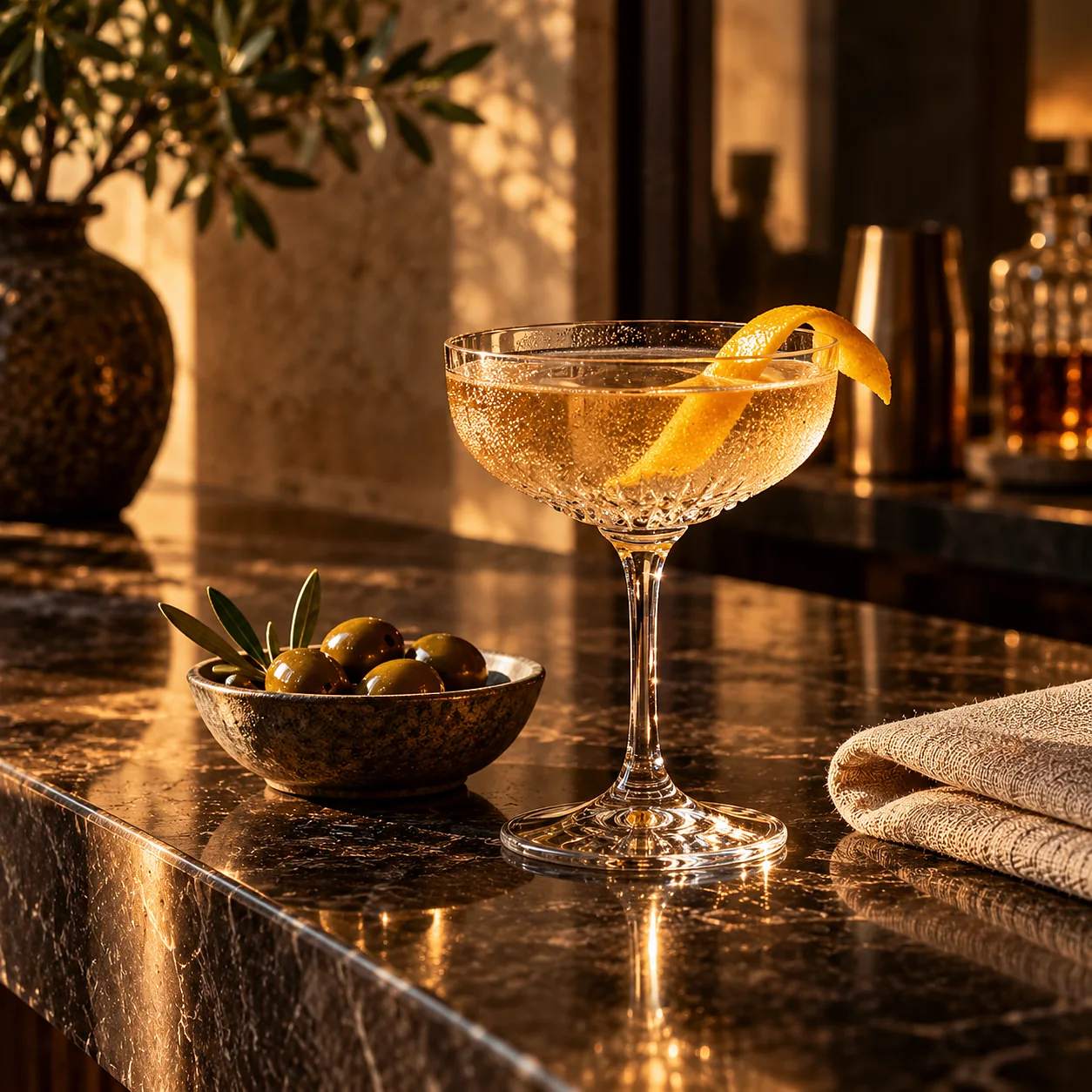A single crystal coupe of pale amber cocktail on a bronze counter, condensation on the glass.