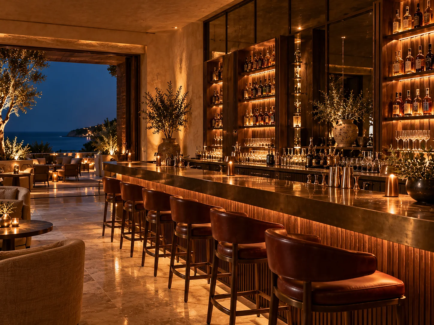 A bar at night: a long bronze-topped counter, dark walnut back-bar shelving lit from within, a wall of tinted mirror, and empty oxblood leather stools in pools of warm light.