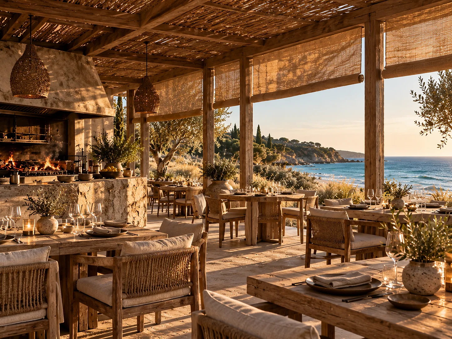 A timber-framed open-sided beach pavilion with a slatted roof, bleached oak tables, canvas blinds half-lowered and an open wood-fired grill of glowing embers, dunes just beyond.