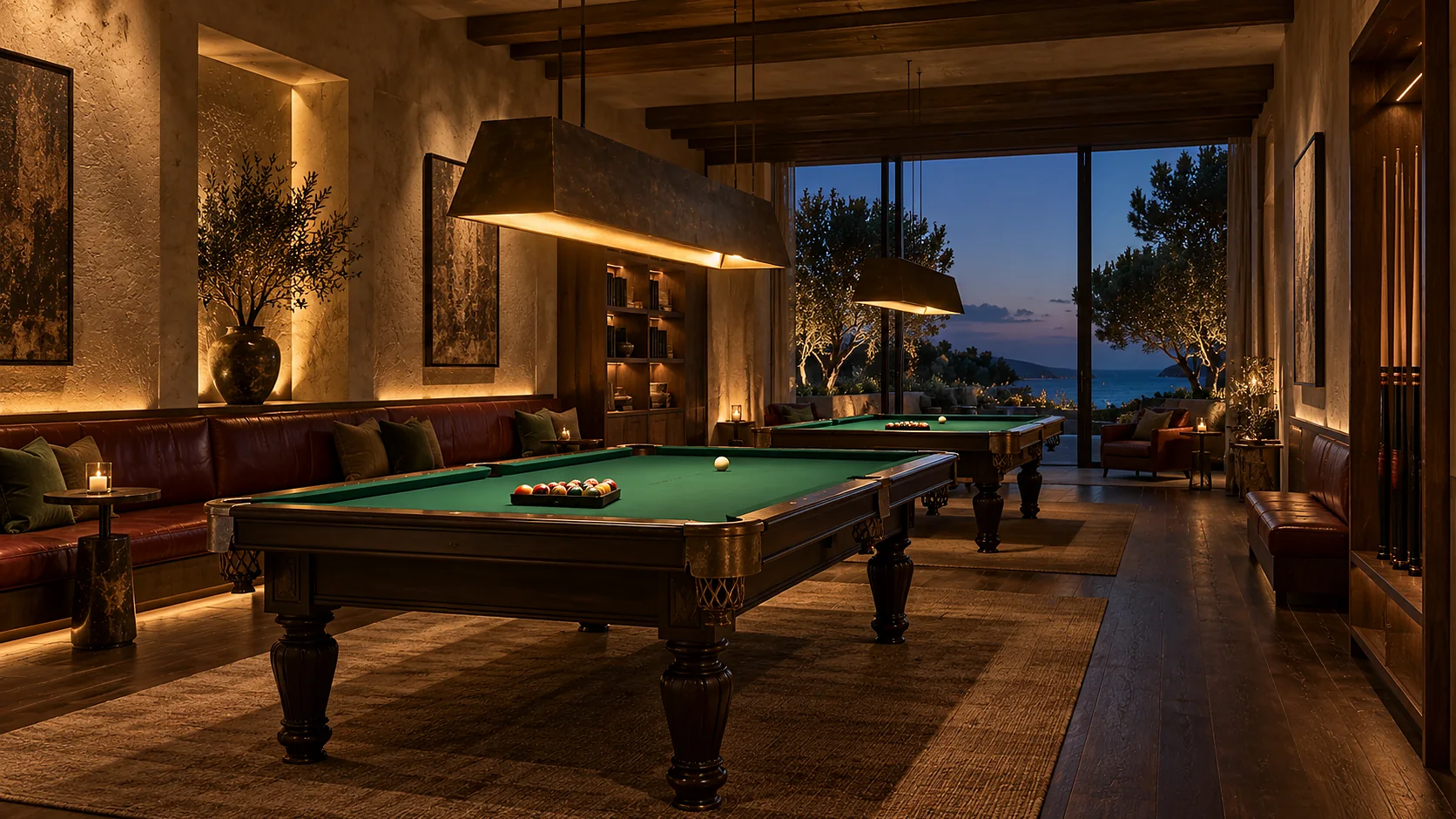 The billiard room at night, two tables under low shades, the room dark beyond the cloth