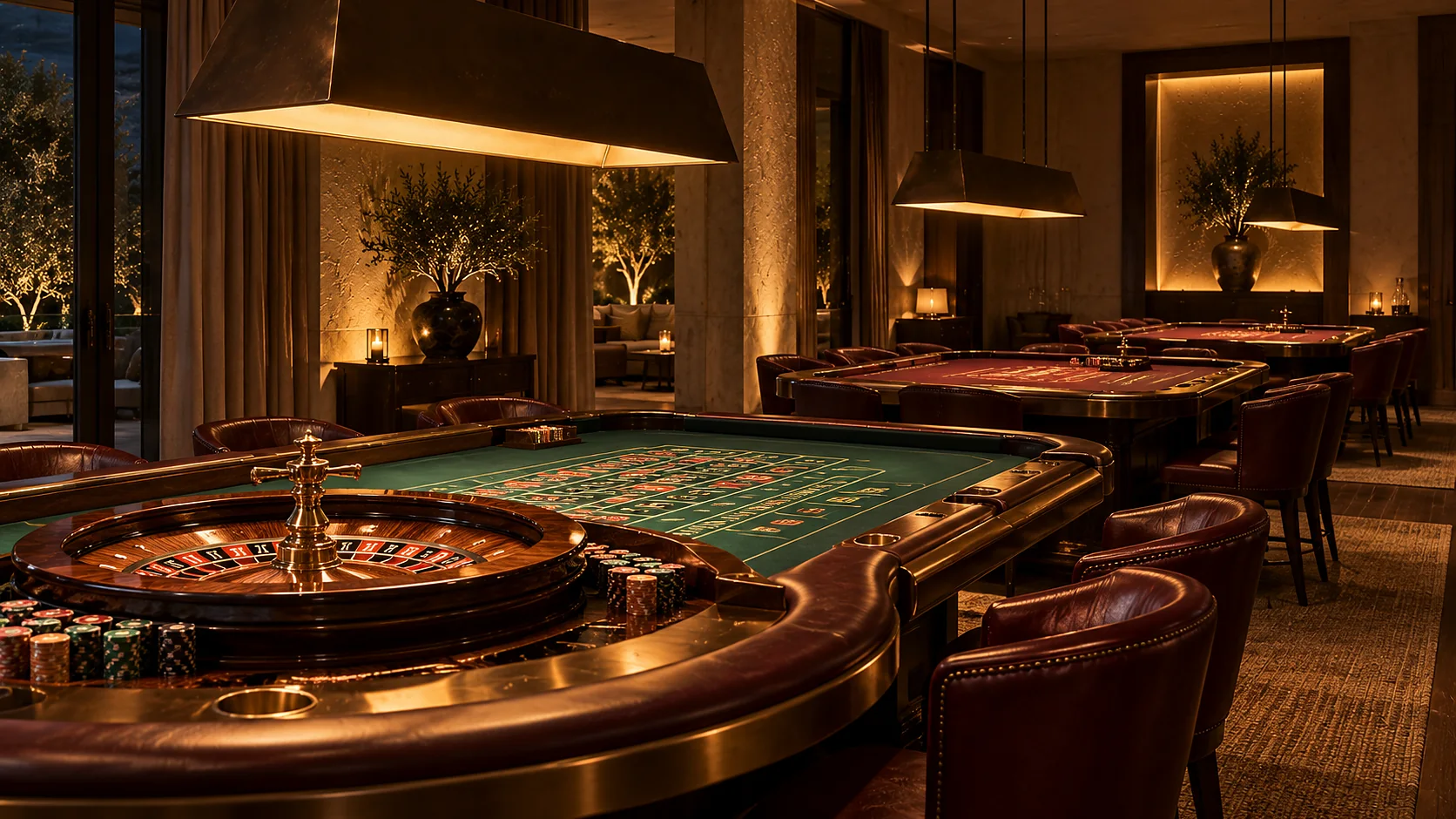 The casino before opening, three tables under low shades