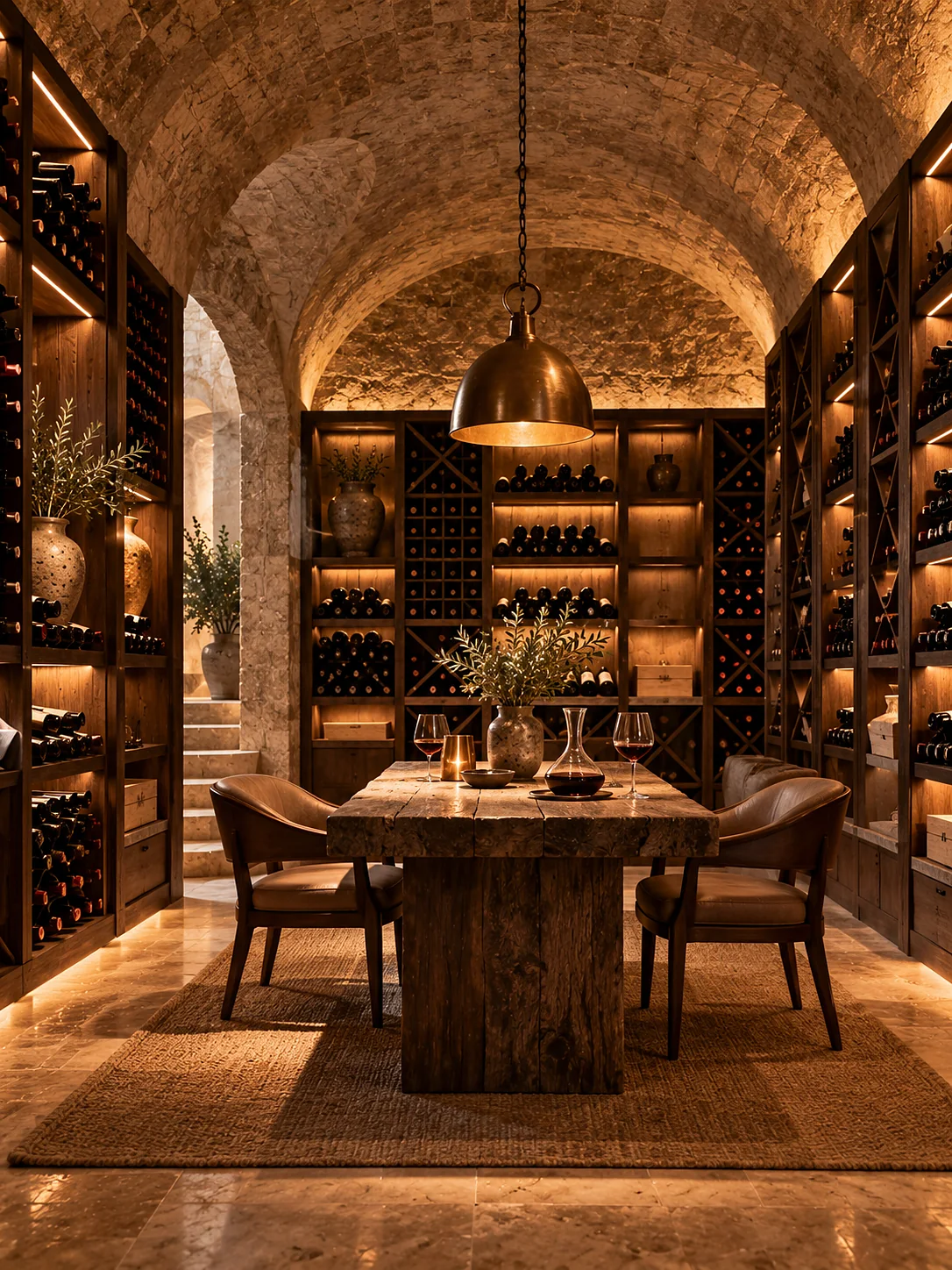 A stone-vaulted wine cellar with dark oak racking, a small tasting table holding two glasses and a decanter, one warm pendant light.