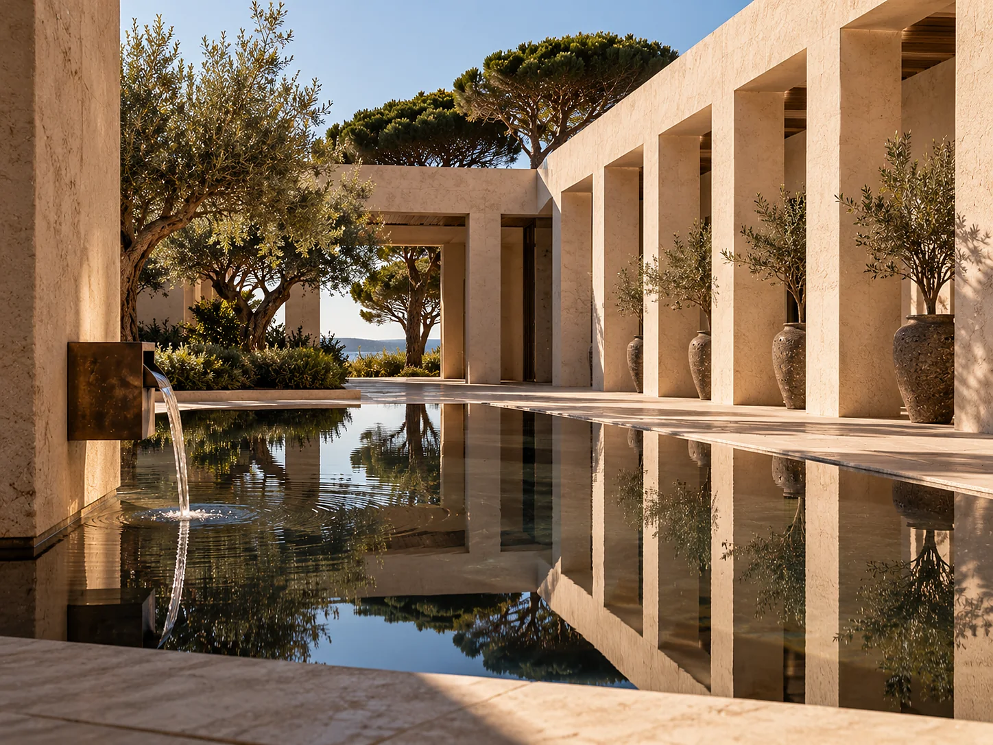 A shallow black-bottomed reflecting basin in a courtyard mirroring a lime plaster colonnade, with a single bronze spout touching the surface.