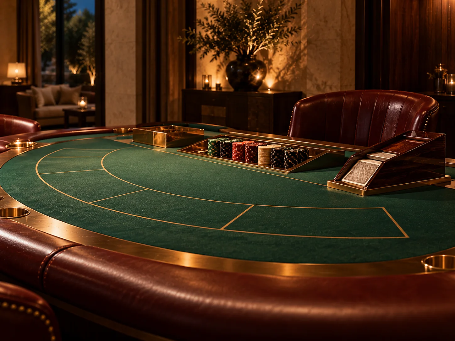 The dealer's side of a card table: shoe, chip tray, discard holder on green baize