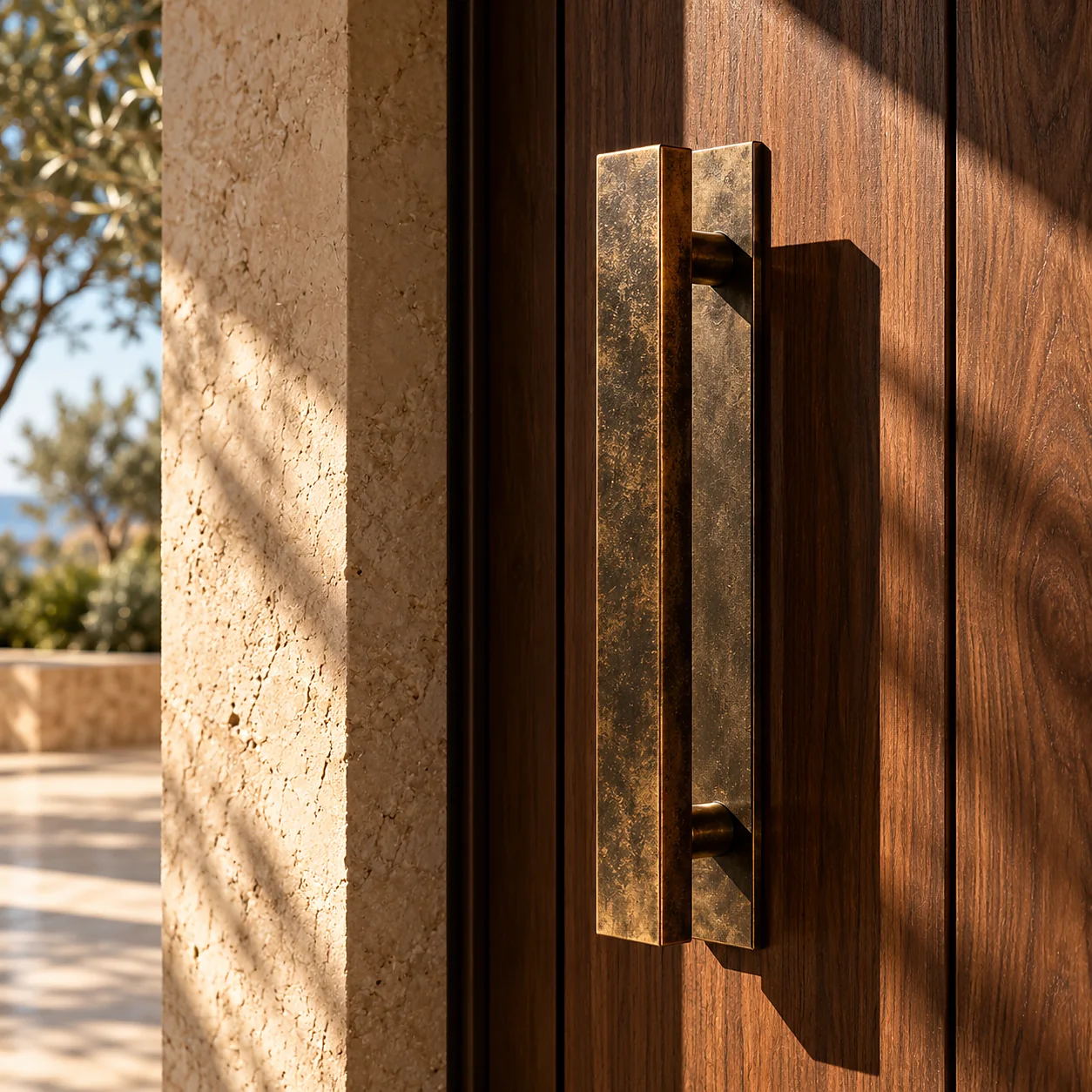 An architectural close-up: an aged bronze door pull on a deep walnut door, the metal showing its patina, with a hard edge of sunlight across the grain of the wood.