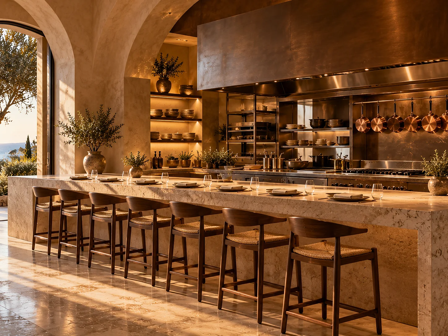 A chef's counter: one long slab of pale stone with eight walnut stools facing an open kitchen in brushed steel and bronze.