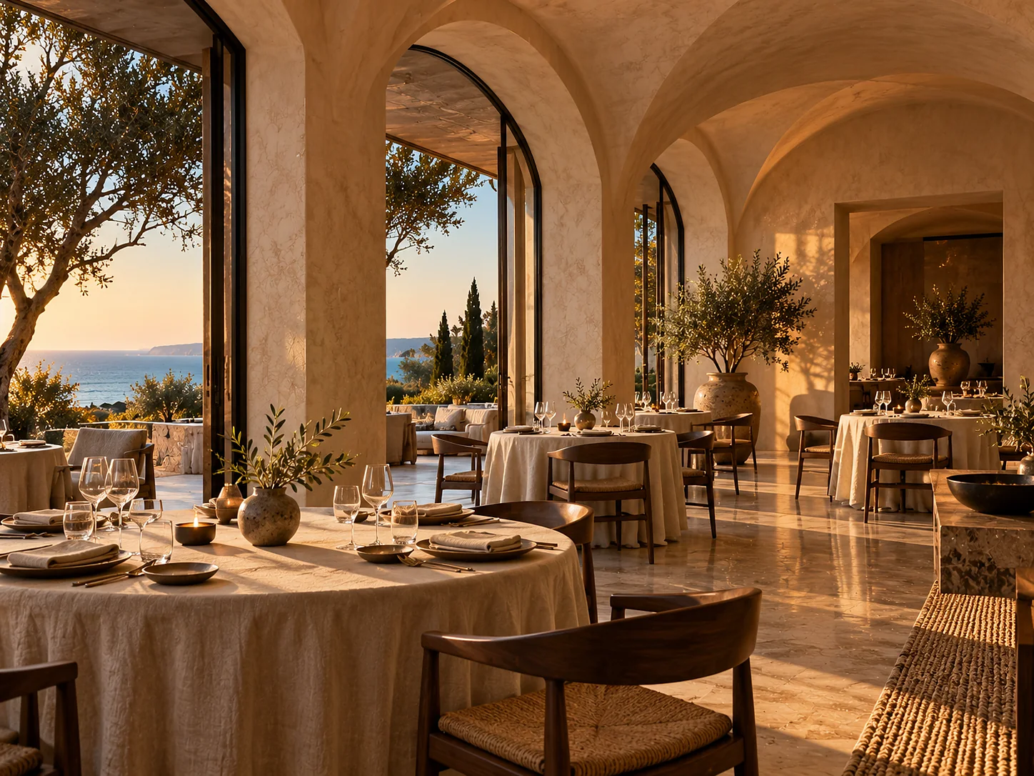 A fine-dining room before service: widely spaced round tables under heavy cream linen, walnut chairs, a vaulted plaster ceiling and tall arched openings onto a terrace.