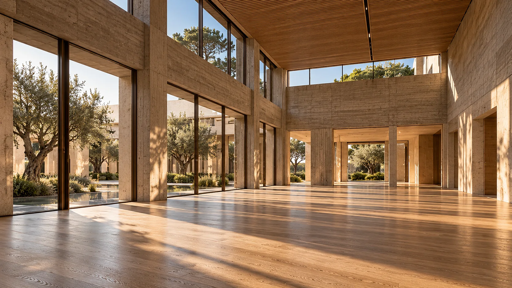 The empty volume of A Cisterna: a board-marked concrete structure over a pale oak floor, lit from a north light slot in the long wall.