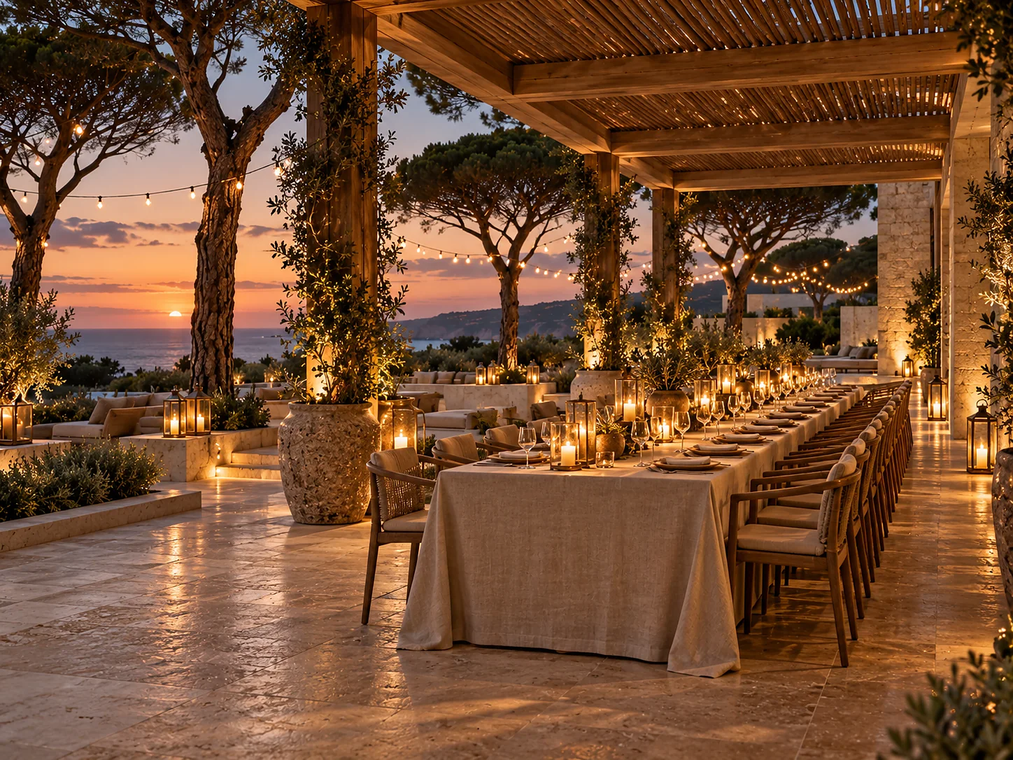 A single long table under a slatted timber pergola at dusk, set with cream linen and low bronze lanterns.