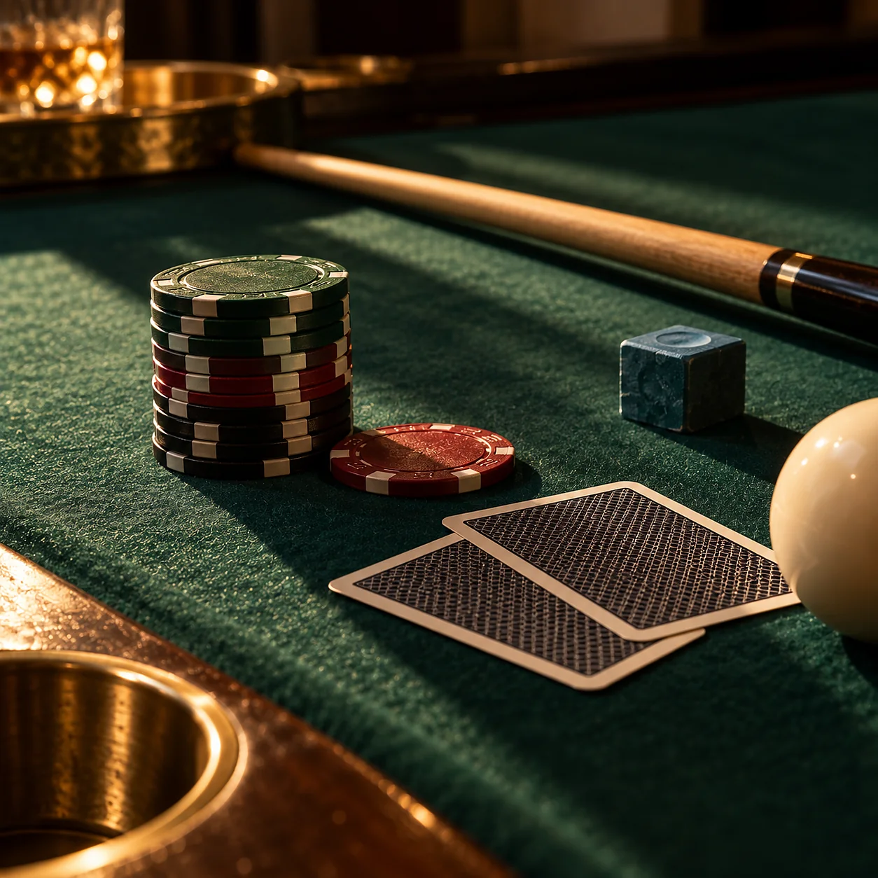 Chips, cards and a billiard ball on green baize under low side light