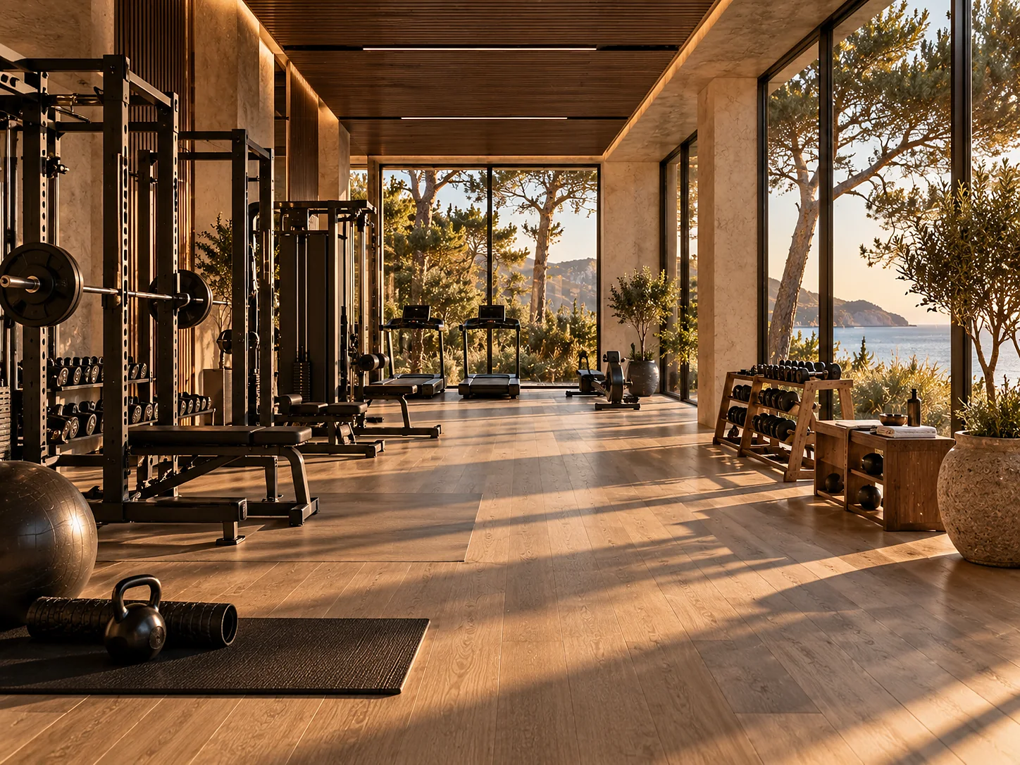 A fitness floor: matte black strength equipment and a pair of wooden racks on a pale oak floor, a full-height glazed wall onto dune grass and pines, and concealed linear lighting.