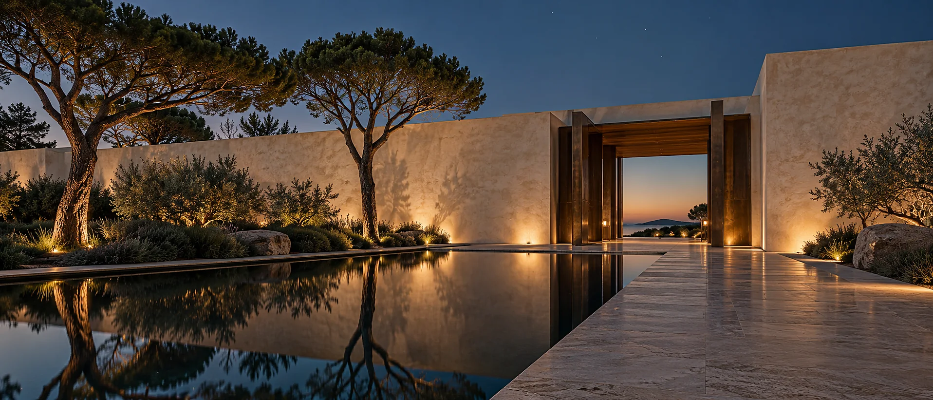 The arrival court at dusk: a long lime-washed wall with a deep shadowed opening, tall bronze pivot doors standing open, and a still black reflecting pool running the length of the court between two umbrella pines.