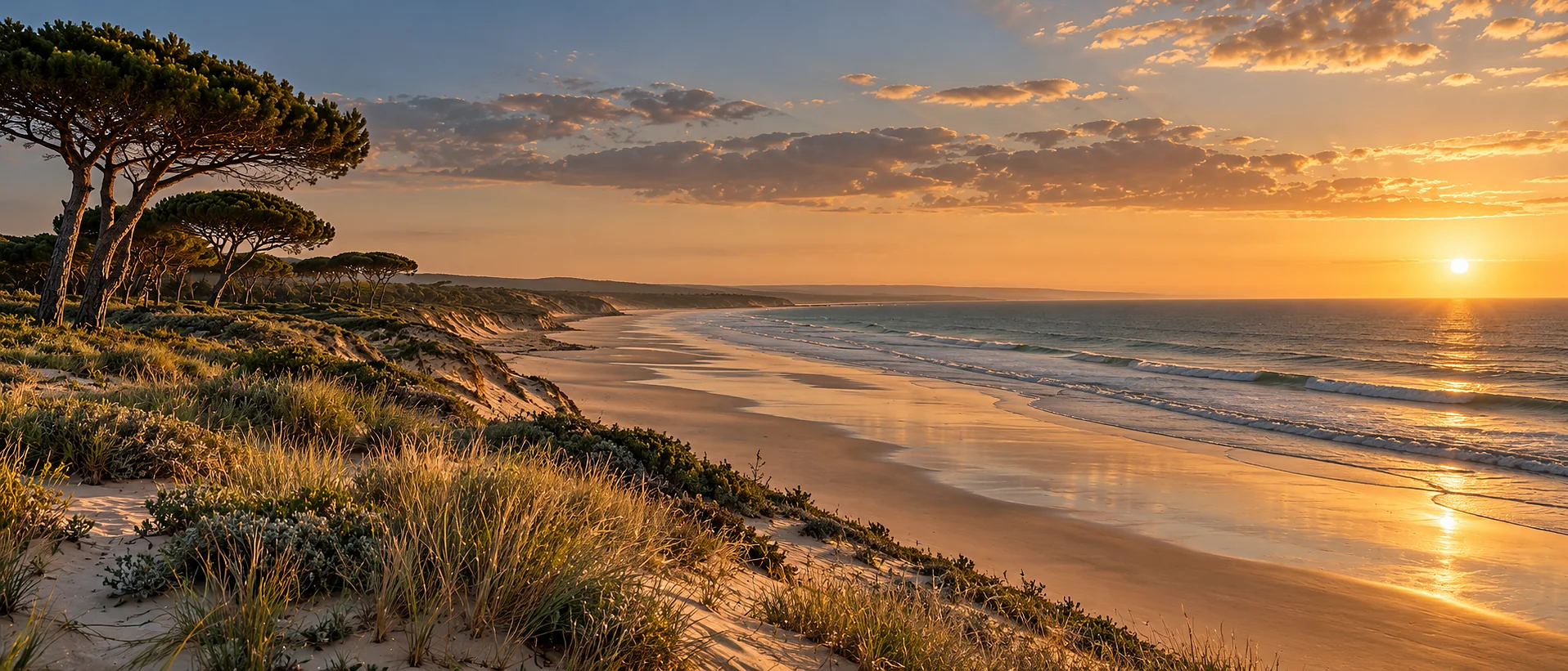 A vast empty Atlantic beach seen from the top of a marram-grassed dune at golden hour, long wet sand and a low swell.
