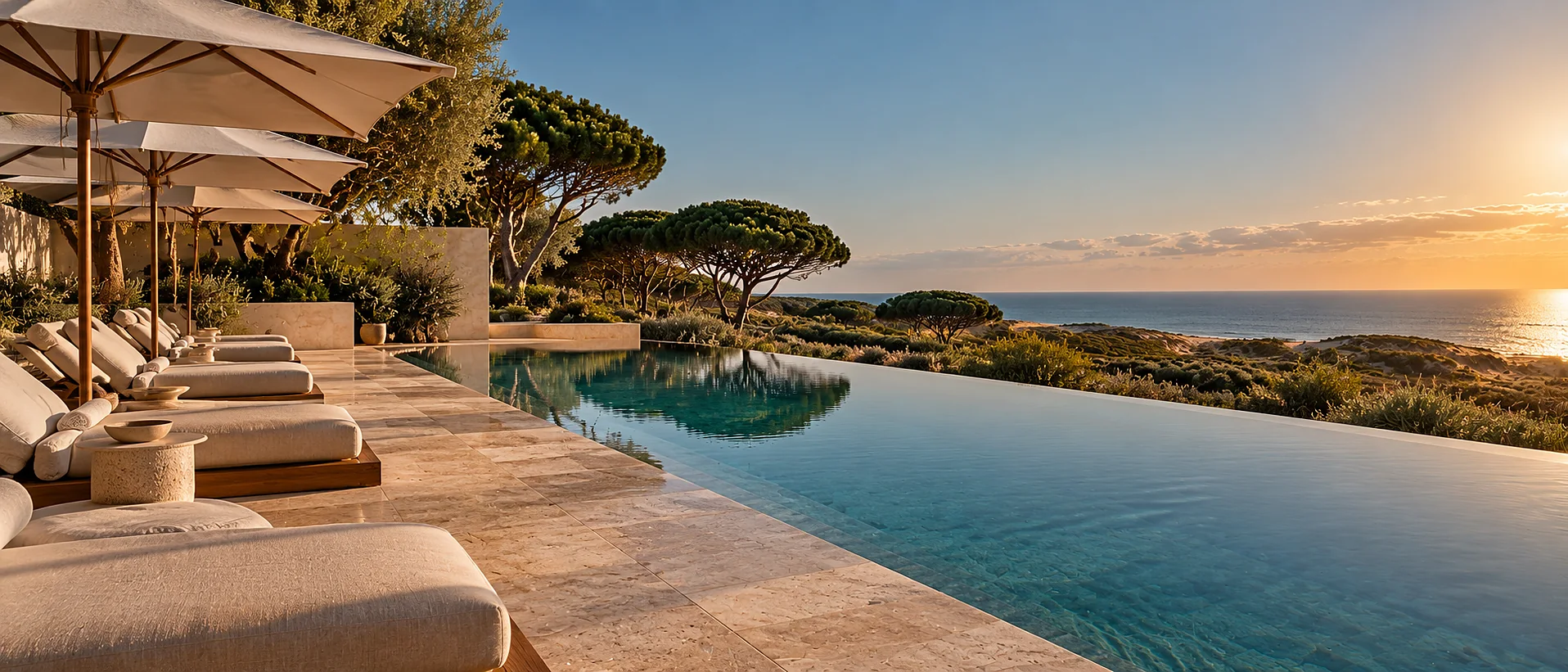 The main pool terrace in late afternoon: a long rectangular pool with a sharp infinity edge, water perfectly still, travertine decking, cream canvas parasols and oatmeal linen daybeds, with the Atlantic a band of deep blue on the horizon.