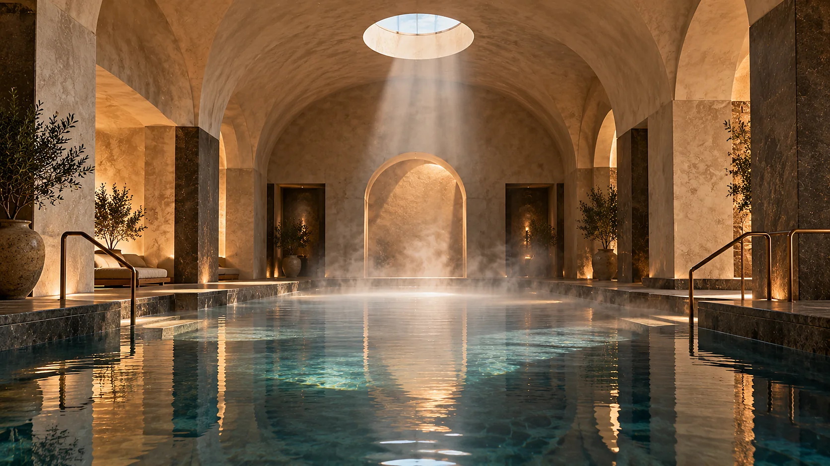 A vaulted thermal bathing hall: a still warm pool reflecting a barrel-vaulted plaster ceiling, a single shaft of daylight falling from a circular oculus onto the water, bronze handrails and steam in the air.