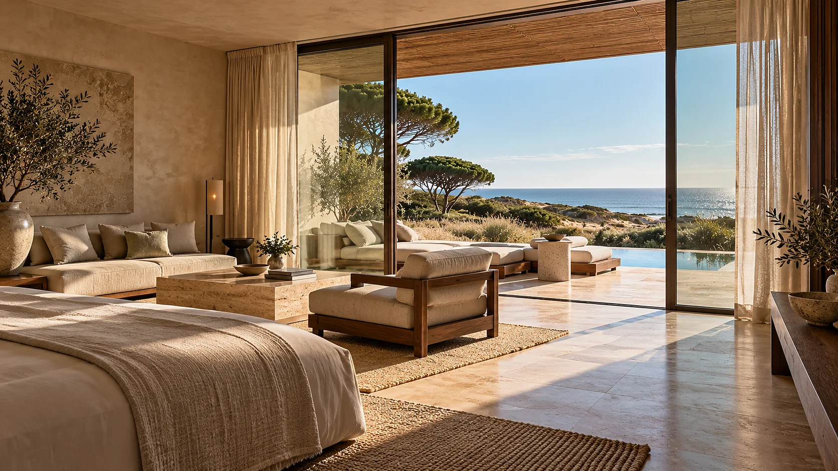 A suite interior looking out through a full-height sliding glass wall onto a private terrace and dunes: lime plaster walls, a dark walnut bench, oatmeal linen upholstery and morning light raking the floor.
