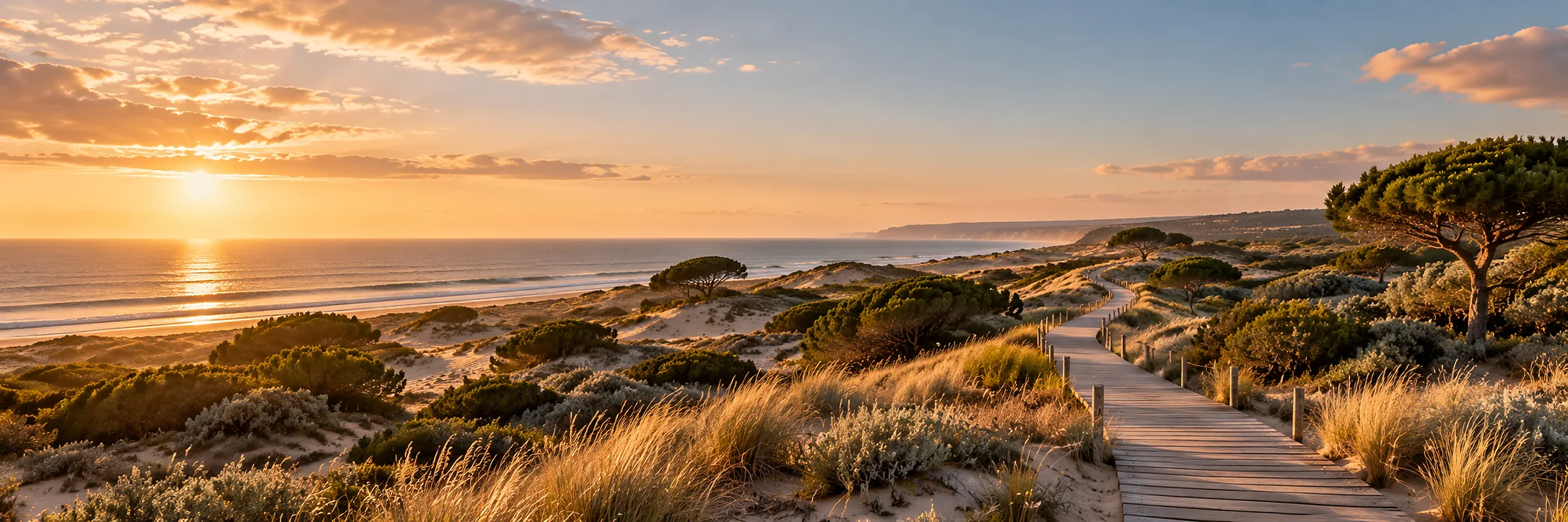 A wide panorama of the Alentejo dune landscape at golden hour: rolling marram-grassed dunes, scattered umbrella pines and the Atlantic beyond the ridge.