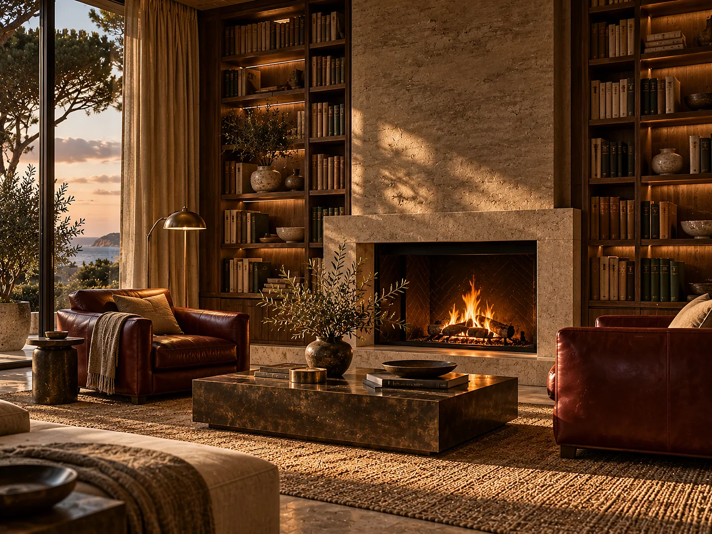 A library lounge with walnut shelving to the ceiling, two deep oxblood leather armchairs either side of a low fire, and a brass floor lamp.