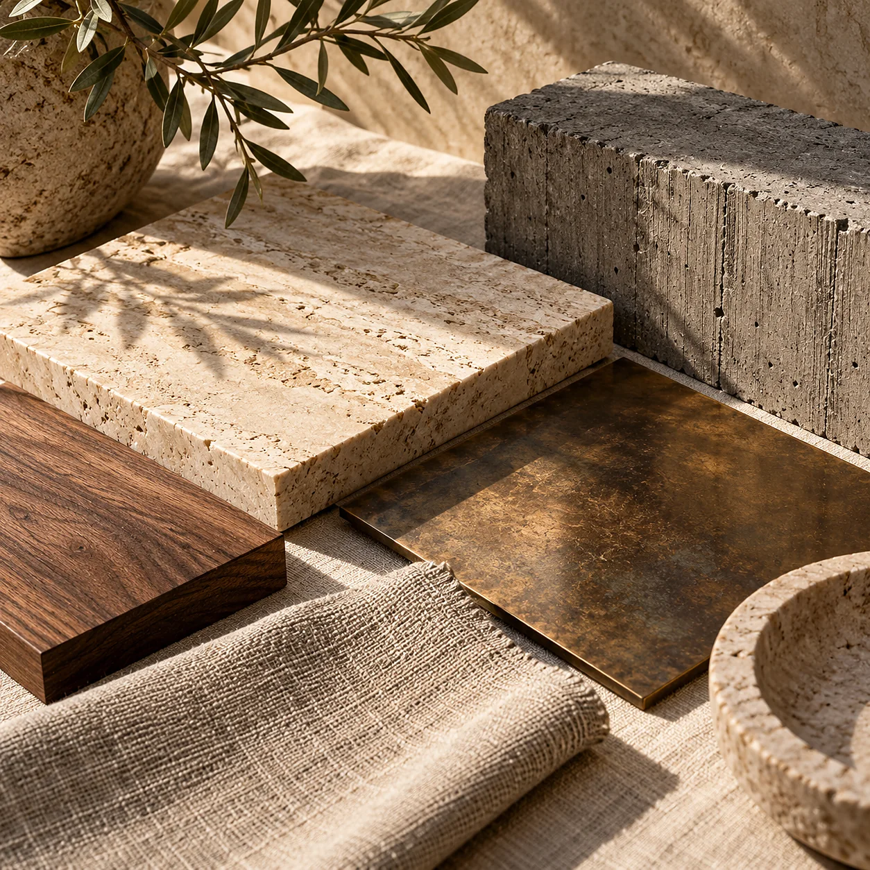 An arranged still life of building materials on pale linen: honed travertine, board-marked concrete, slatted pine and a sheet of aged bronze.