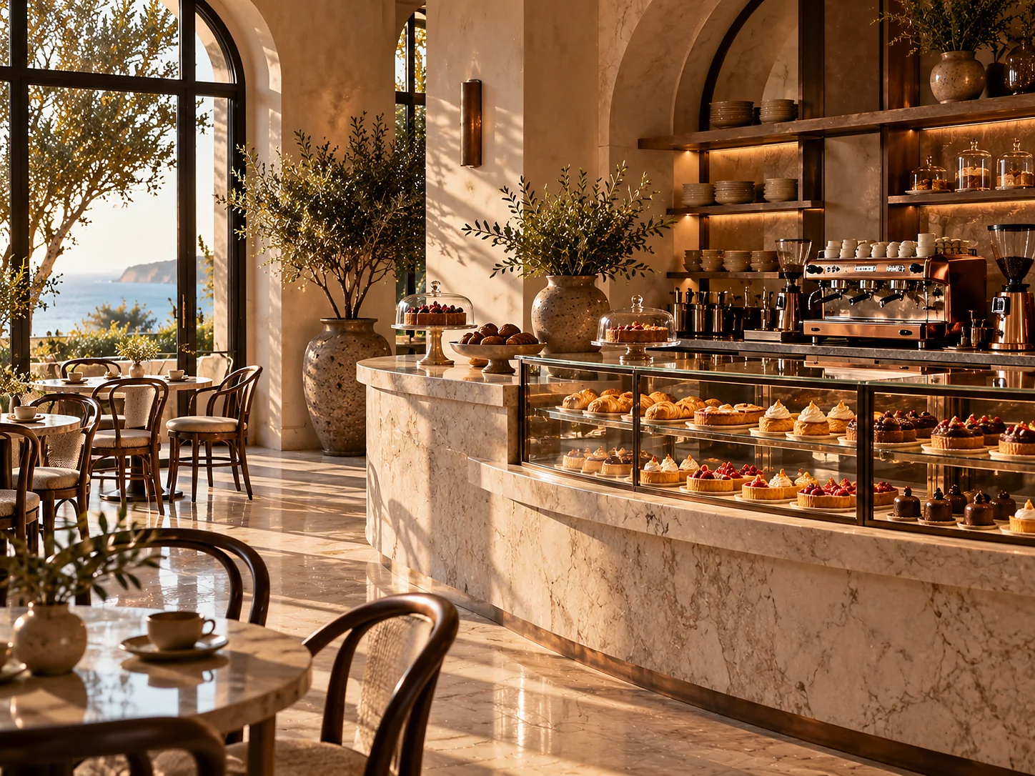 A patisserie and coffee room: a curved pale marble counter, a glass vitrine of golden pastries and tarts, a copper espresso machine and bentwood chairs in pale morning light.