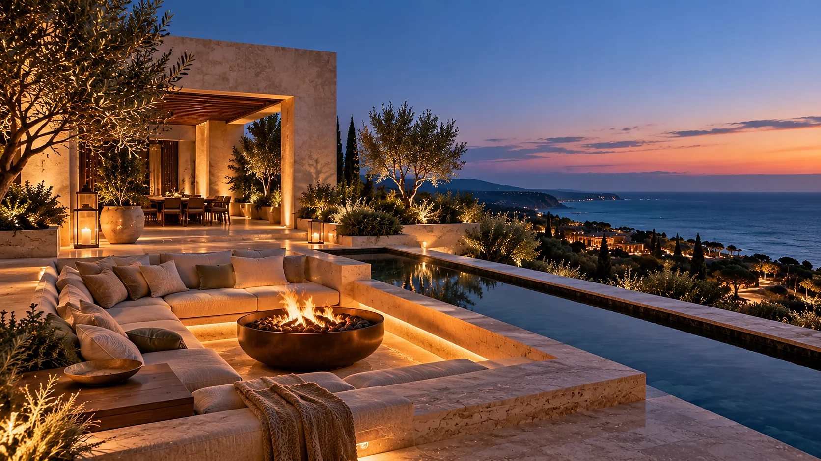 A sunken seating area in oatmeal linen around a low bronze fire bowl at blue hour, a long reflecting channel of water alongside, the dark line of the coast beyond.