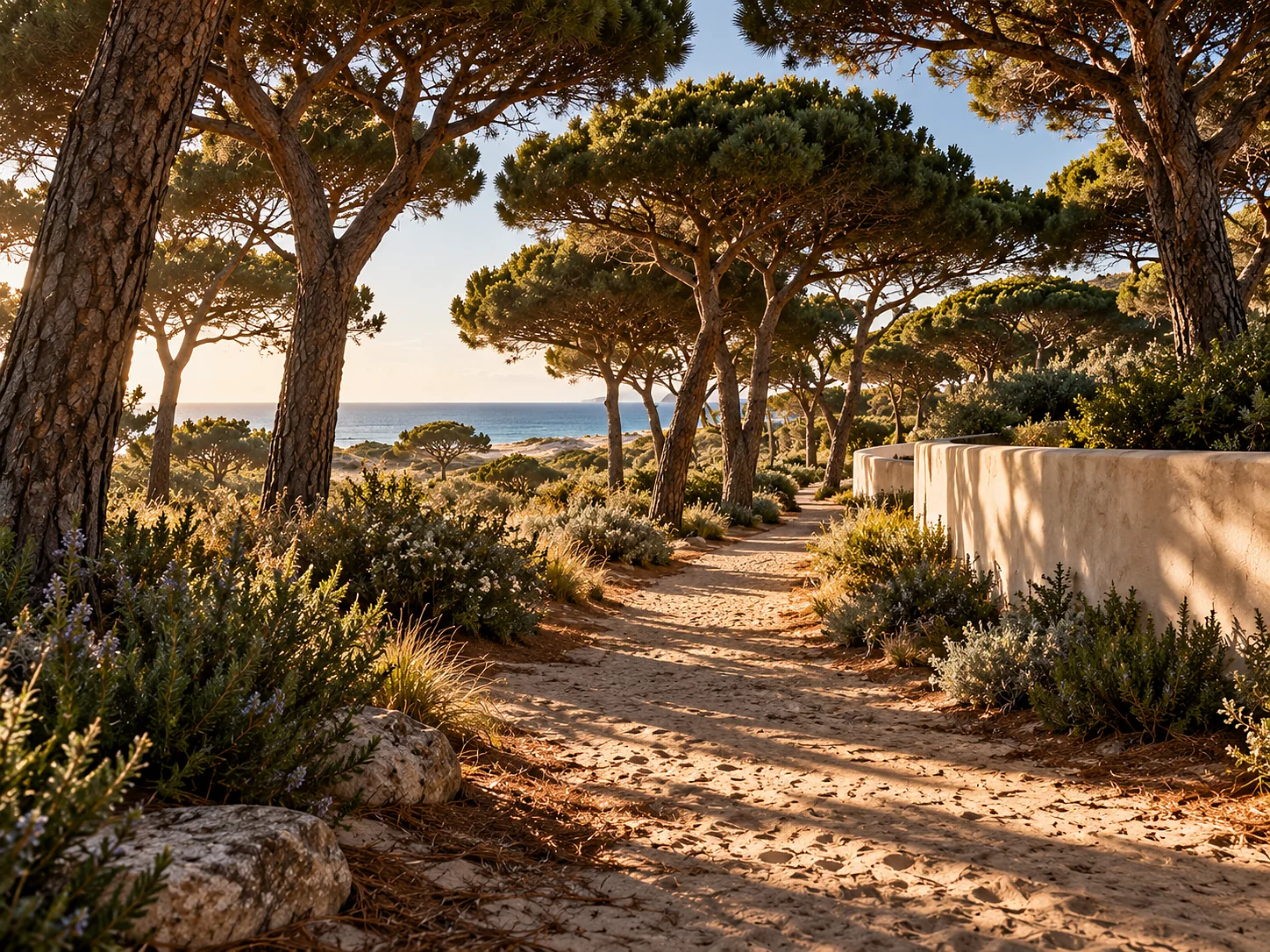 A sand path through a stand of umbrella pines, dappled light on the ground, cistus and rosemary at the edges, and a low lime-washed wall curving away.