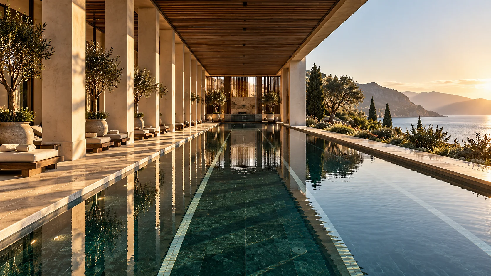 A twenty-five metre lap pool in early morning: dark slate lining making the water read deep green, crisp lane lines, and a colonnade of square plaster columns along one side casting long shadows.