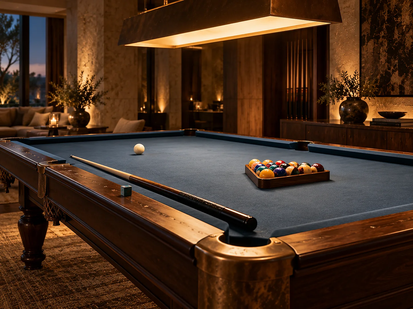A nine-foot American pool table with the rack set, cue and chalk on the rail