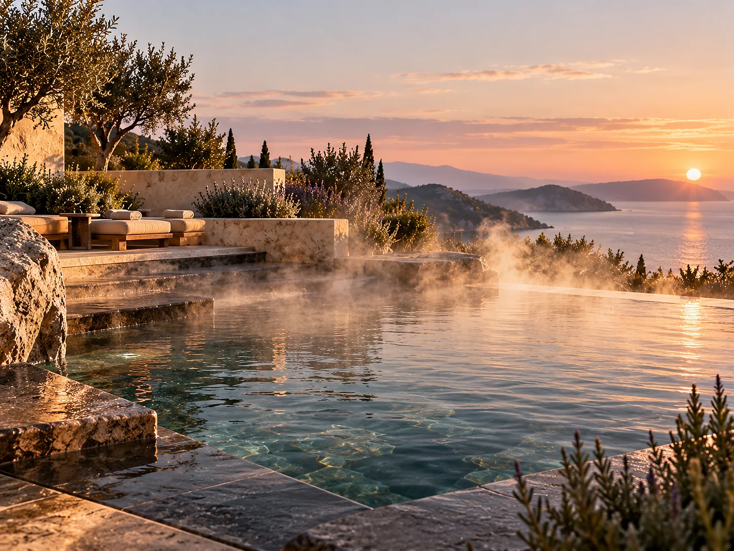 An outdoor thermal pool at dawn, steam lifting off warm water into cold air over dark stone coping, with rosemary and lavender silhouetted against a pink horizon.