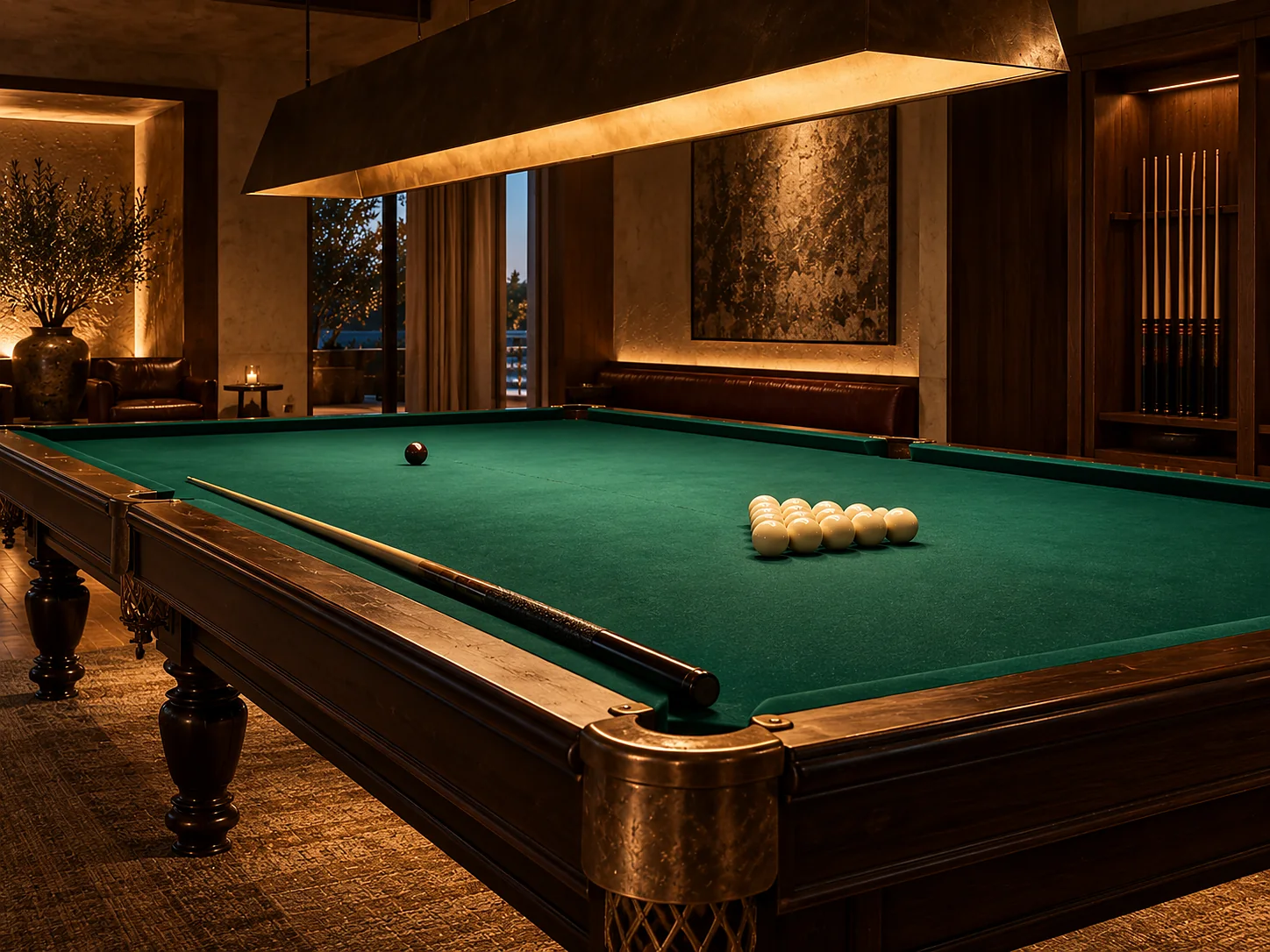 The twelve-foot pyramid table, fifteen white balls racked tight, narrow pockets