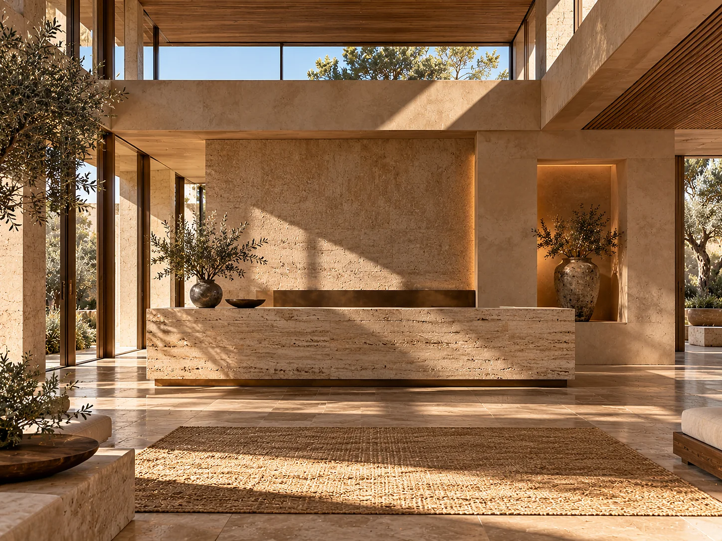 The reception hall at Dunara: a monolithic travertine desk against a lime plaster wall with a deep niche holding a large ceramic vessel.