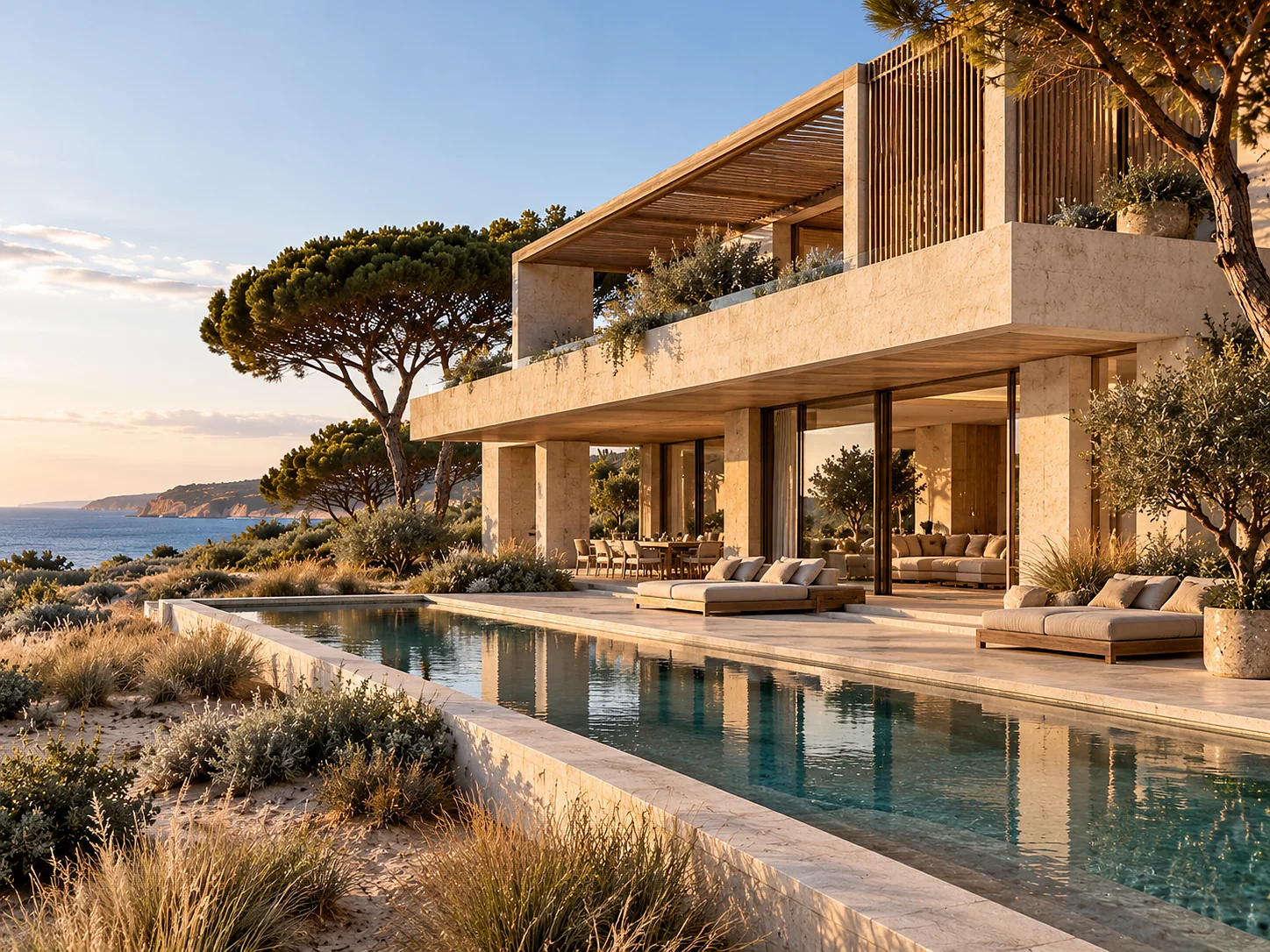 The exterior of a private residence: a low house in sand-toned plaster with deep overhanging eaves, a slatted timber screen over the upper terrace, a lap pool alongside, and planted dune grass right up to the walls.