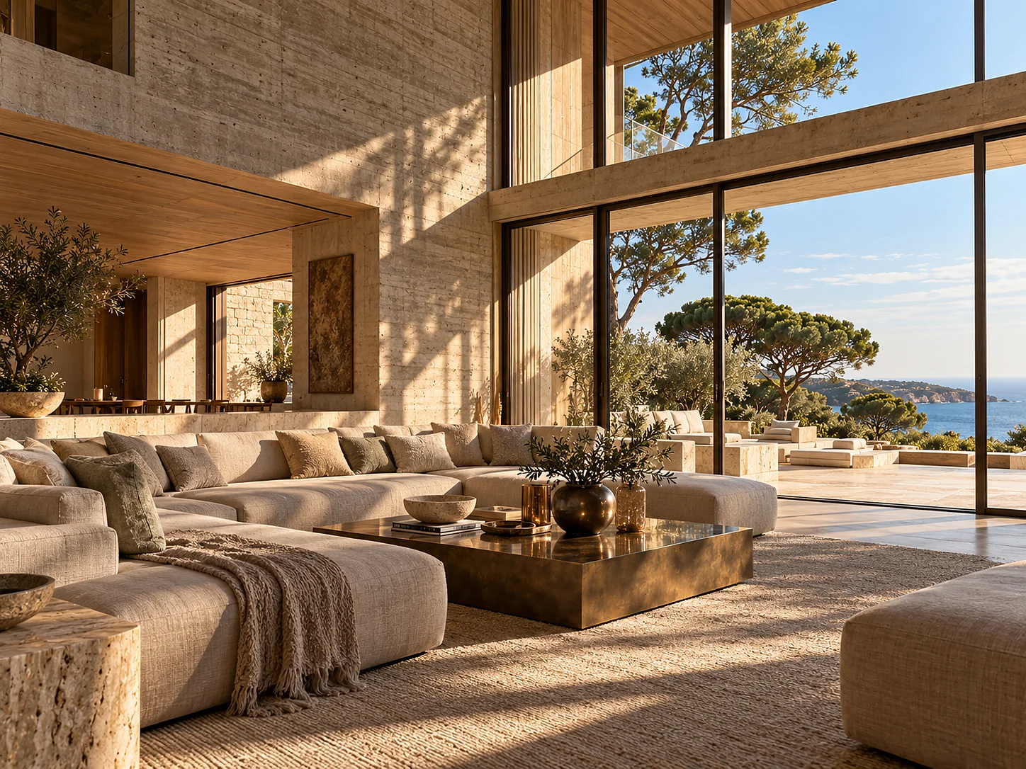 The living room of a private residence: a double-height space with a board-marked concrete wall, a deep sectional sofa in oatmeal linen, a bronze and glass coffee table, and floor-to-ceiling glazing onto a terrace and pines.