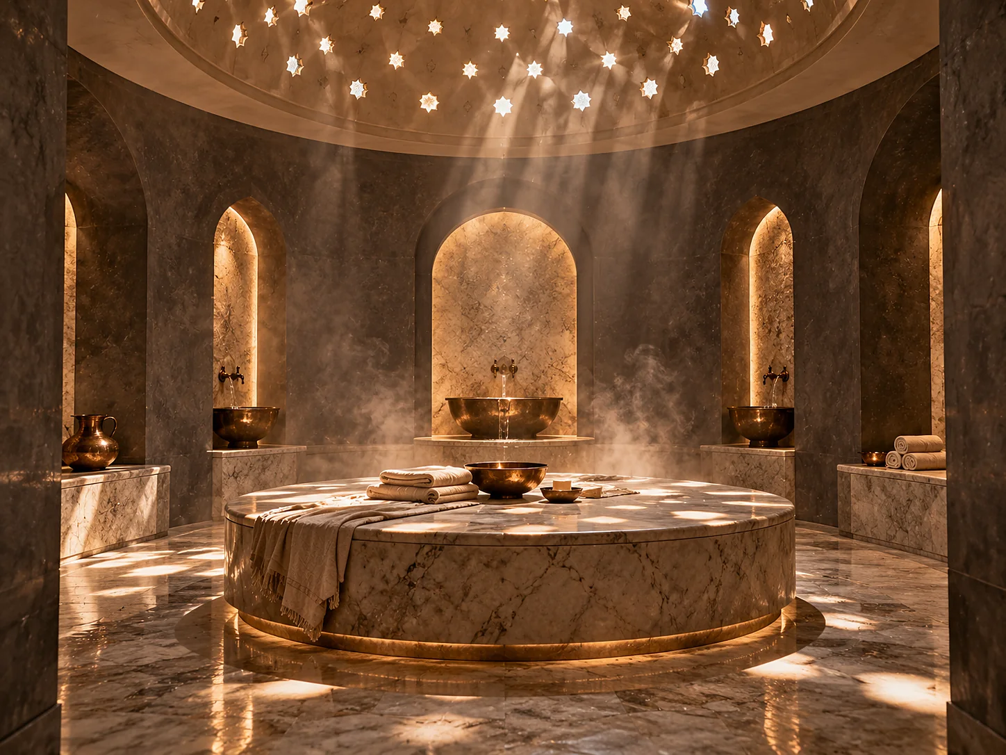 A hammam: a round heated marble platform under a domed ceiling pierced with small star-shaped glass apertures throwing points of light through steam, dark grey tadelakt walls and a bronze basin.