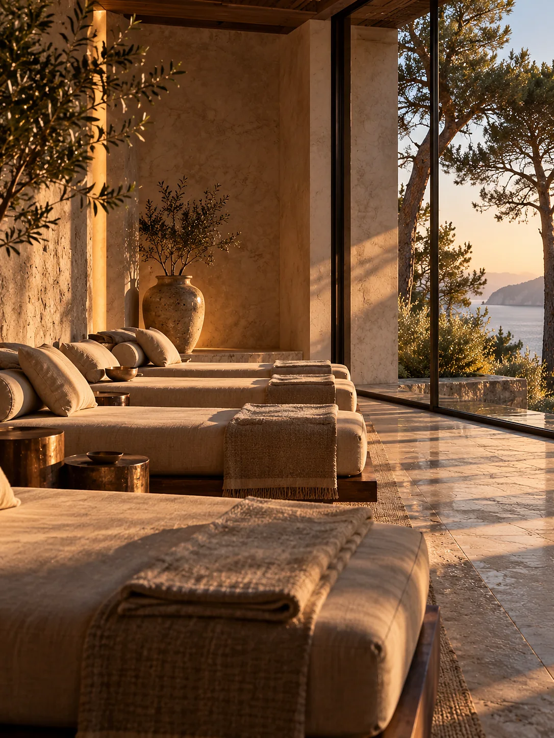 A relaxation room: a row of low daybeds with oatmeal linen and folded blankets facing a full-height window onto pine trees, a rough plaster wall, a single ceramic vessel and dim warm light.