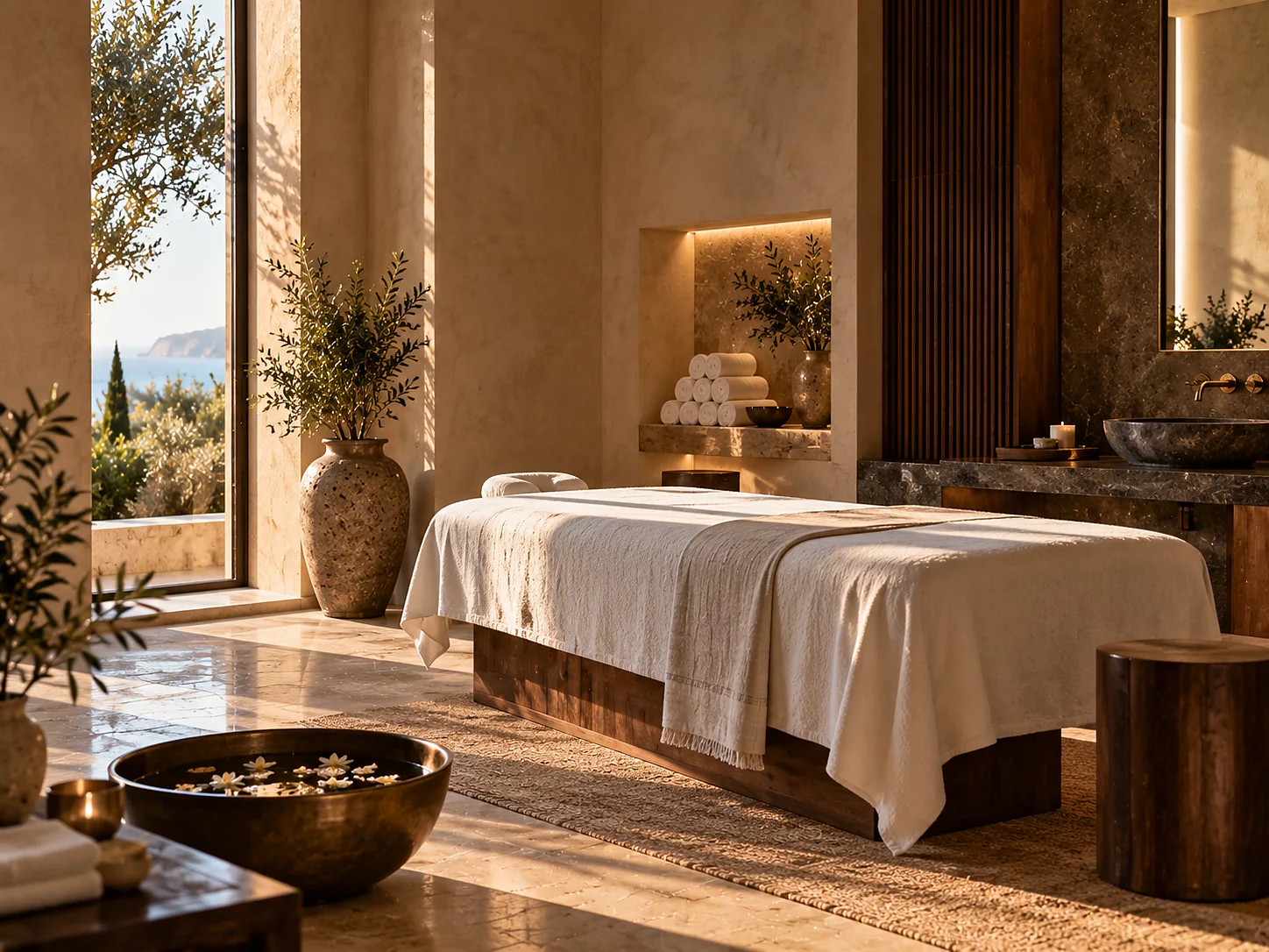 A treatment room: a single massage table dressed in white linen, a lime plaster alcove with rolled towels, a bronze bowl of water with floating petals, and a tall slot window throwing a soft blade of daylight.
