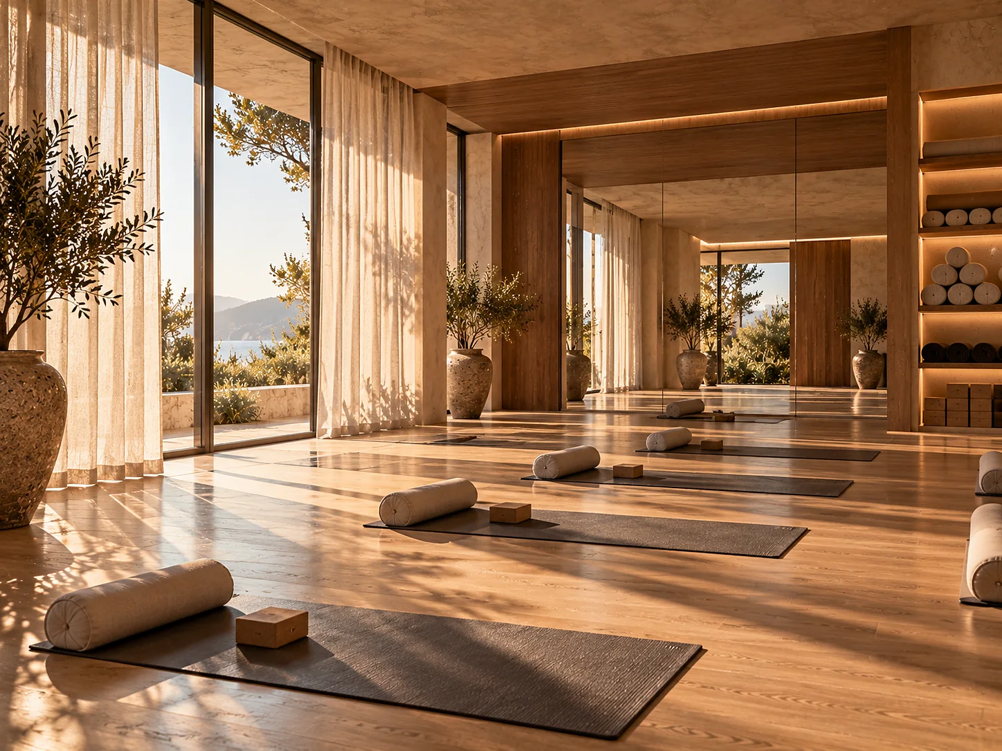 A movement studio: a wide pale oak floor, a mirrored end wall, rolled mats stacked in a timber alcove, and sheer linen curtains diffusing strong afternoon light into a glow.