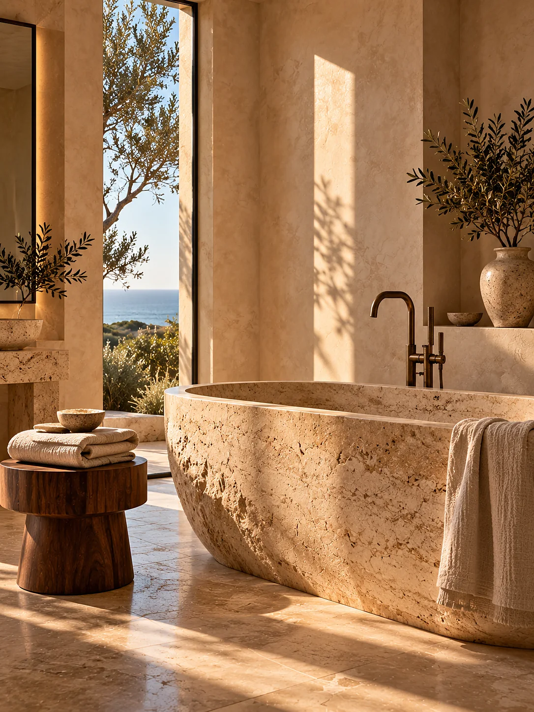 A suite bathroom: a solid travertine bathtub carved from a single block standing against a lime plaster wall, aged bronze taps, a tall narrow window throwing a bar of light across the stone, folded linen on a walnut stool.