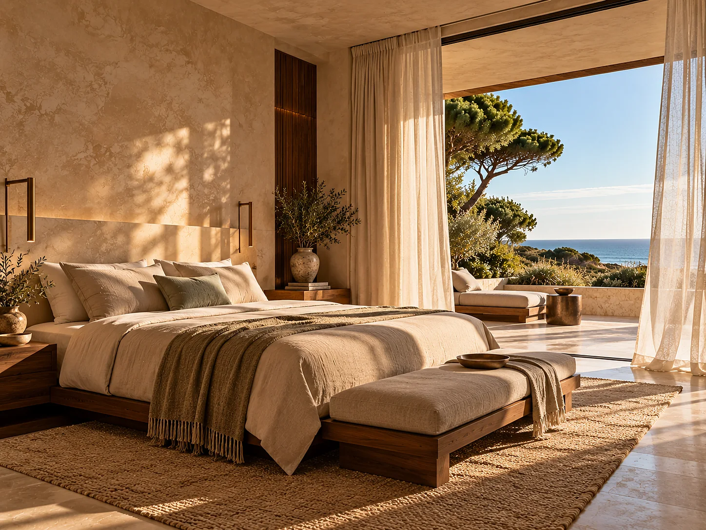 A low walnut bed with heavy oatmeal linen against a lime plaster headboard wall, two slim bronze reading lights, and sheer curtains lifting at an open terrace door.
