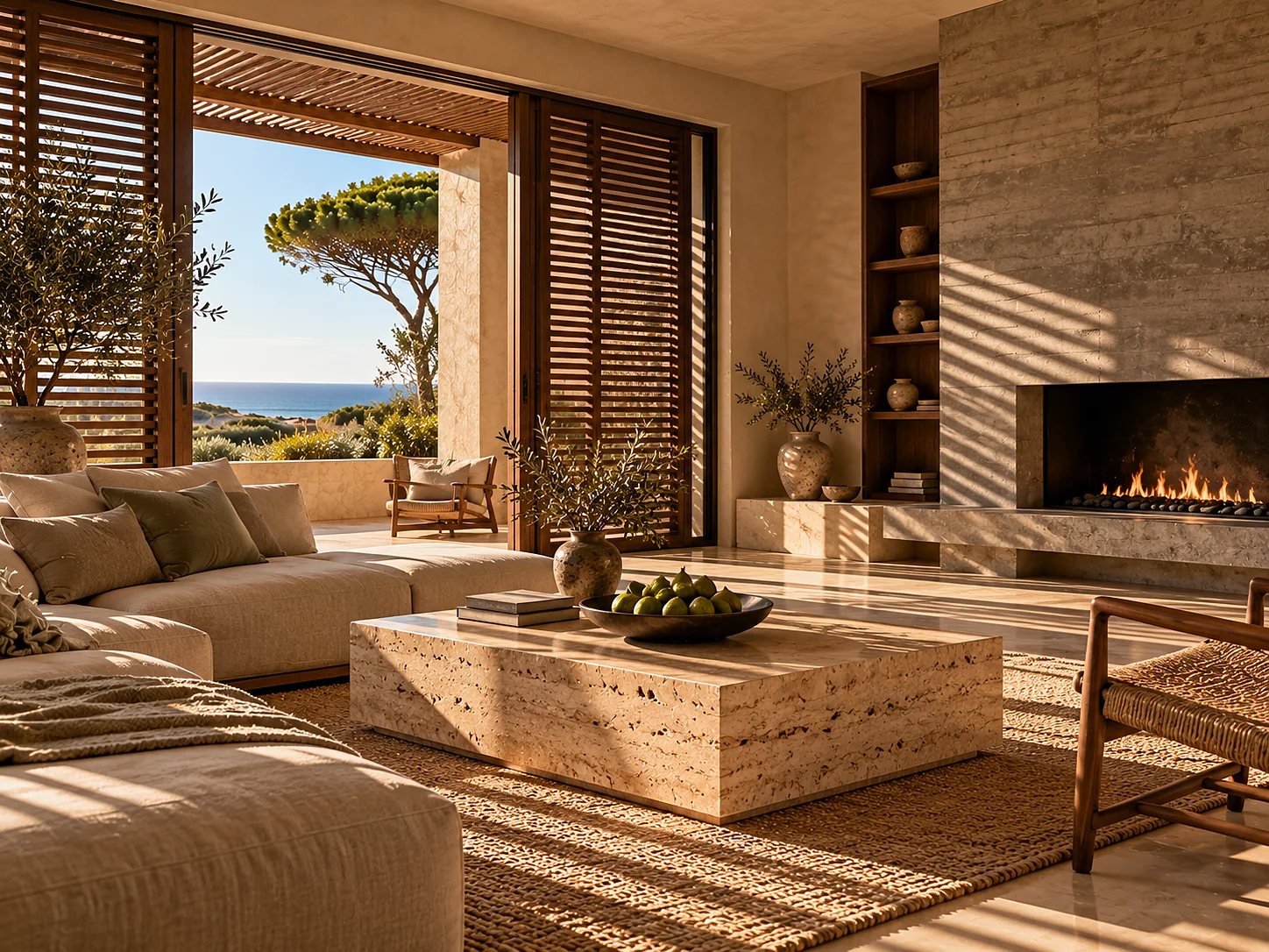 The sitting room of a suite: a deep oatmeal linen sofa, a woven rush rug, a board-marked concrete fireplace, a bowl of green figs on a travertine table, and open shutters throwing slats of afternoon light across the floor.