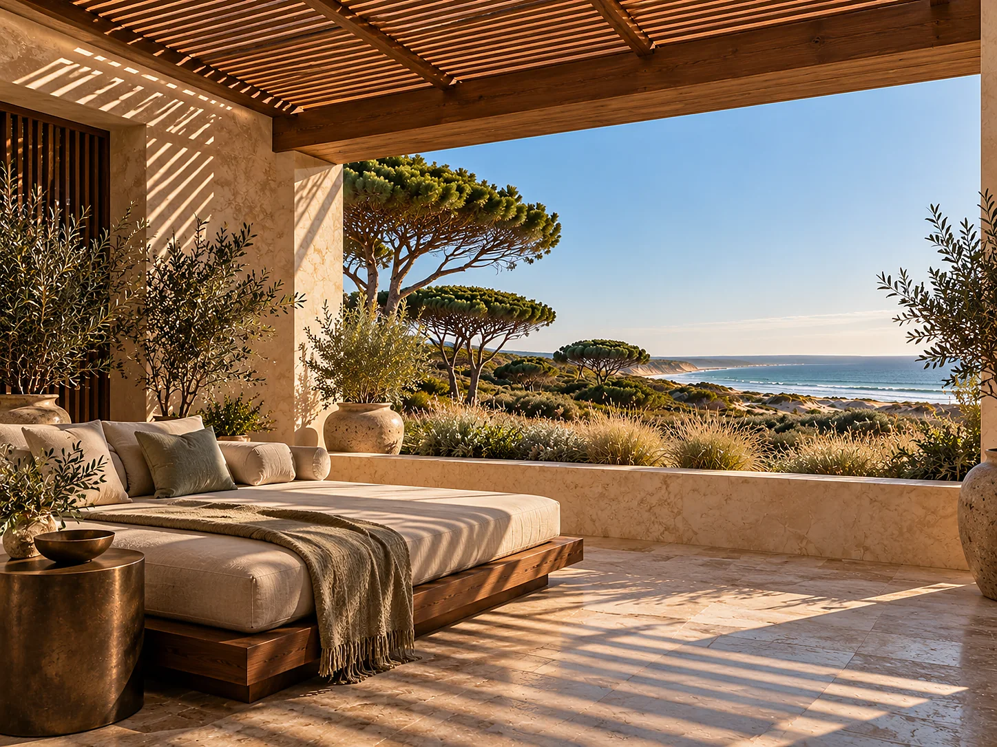 A shaded suite loggia with a slatted timber canopy casting striped shadows over a walnut daybed, a low bronze side table, and dune grass beyond the parapet.