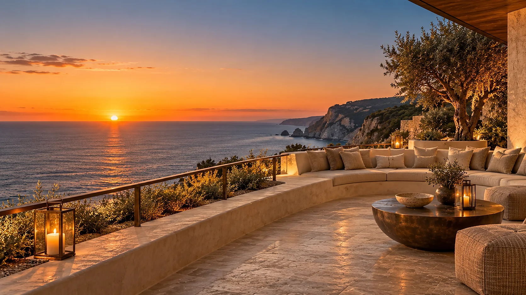 A terrace at the edge of the estate at sunset: a low curved plaster bench following the edge, a bronze rail, the sun touching the Atlantic horizon and the sky banded orange to deep blue.