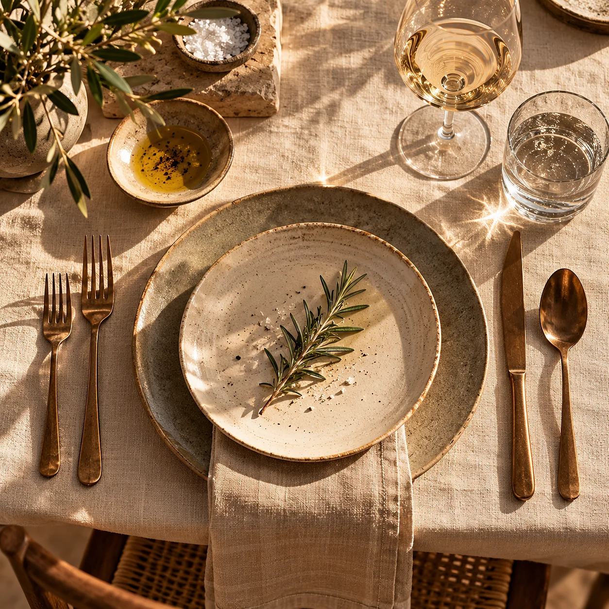An overhead view of a laid table: cream linen, hand-thrown stoneware in sand and ash glazes, aged bronze cutlery, a sprig of rosemary.