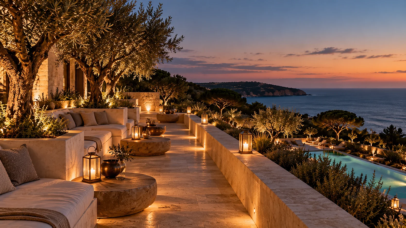 A long resort terrace in the evening: low plaster seating with oatmeal cushions, bronze lanterns on the parapet, olive trees in stone planters, the lit pool below and the dark sea beyond.