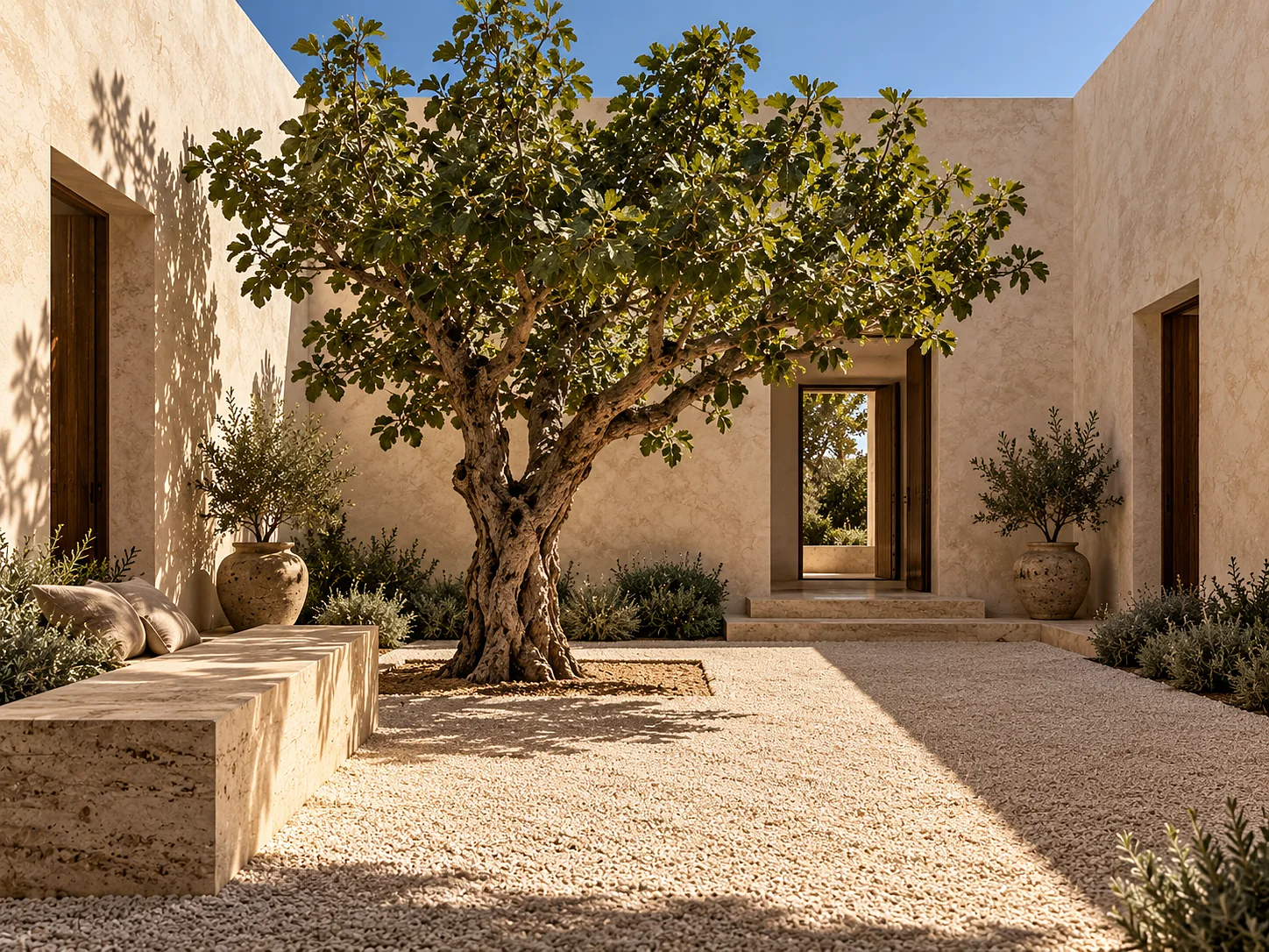 The internal courtyard of a villa: white lime-washed walls on four sides, a square of raked gravel, one mature fig tree, a long stone bench, and hard midday shadow cutting the courtyard diagonally.