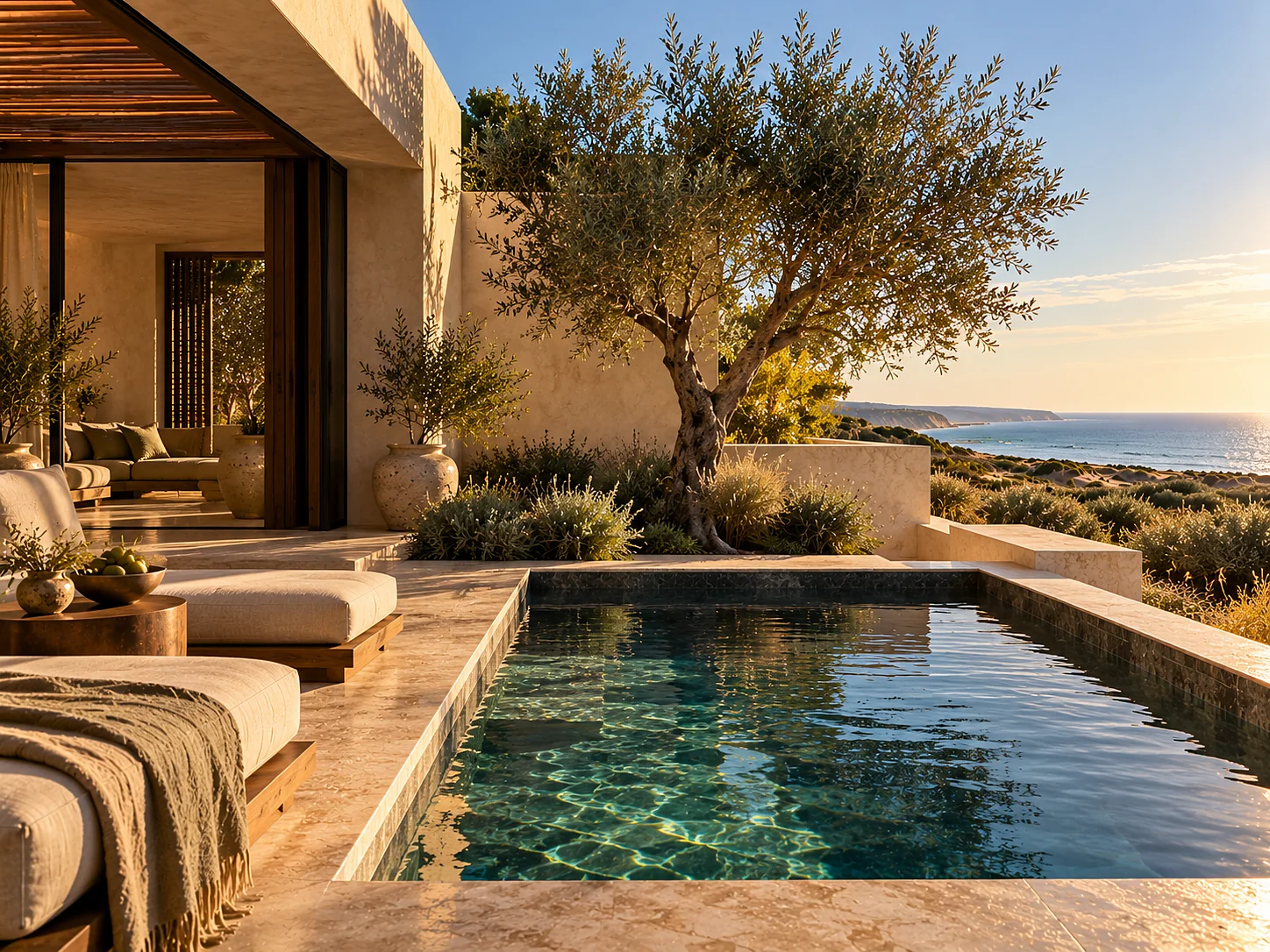 A small deep plunge pool in dark stone set into a travertine terrace against a lime-washed wall, one olive tree beside it, late sun turning the water green-blue.